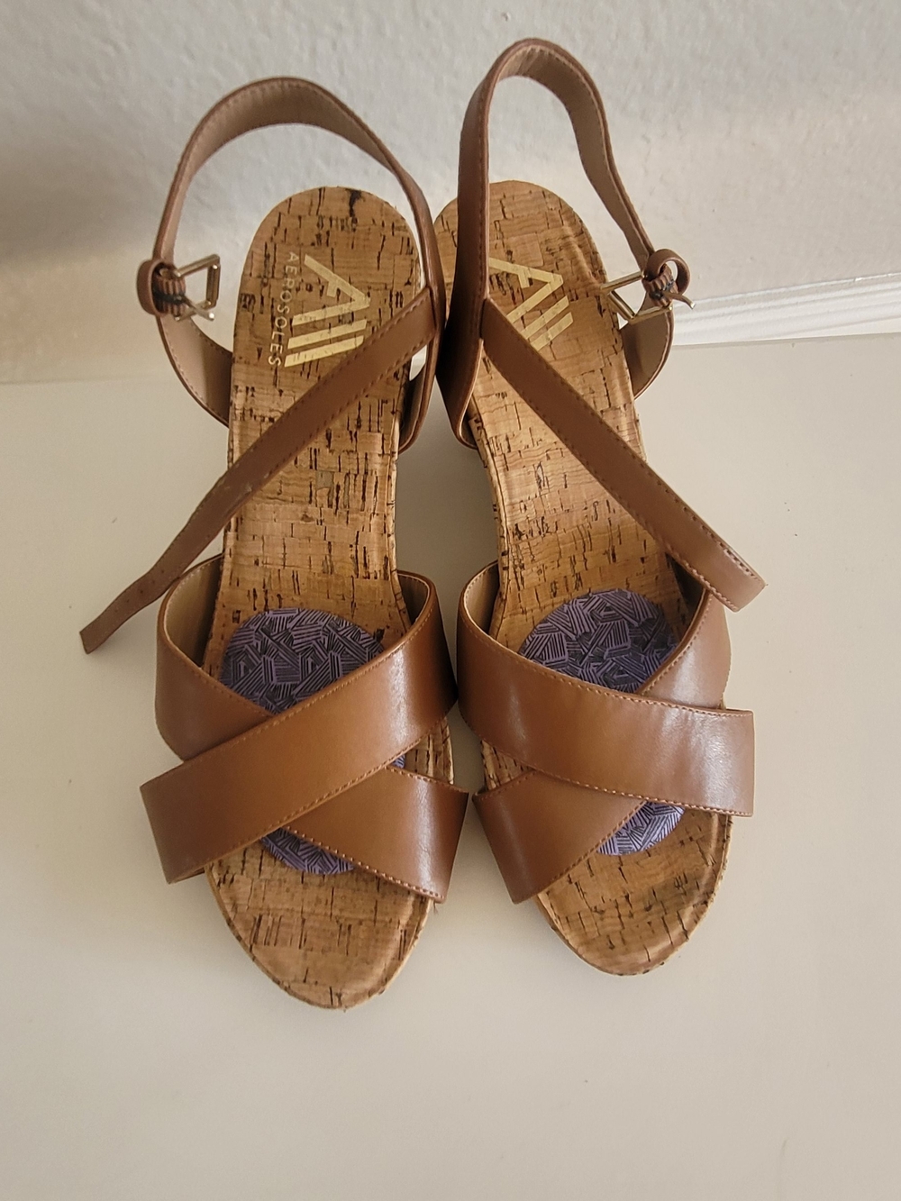 AEROSOLES Tan Cork Wedge Sandals with Ankle Strap